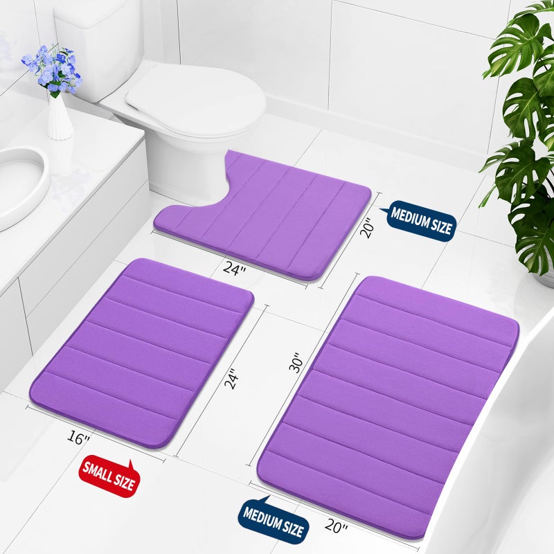 Buganda Memory Foam 3 Pieces Bathroom Rugs Set - Thick Soft Absorbent Non-Slip Bath Mats, Washable Small/Large/Contour Bath Rugs (24" x 16" + 30" x 20" + 24" x 20", Purple) - Image 2